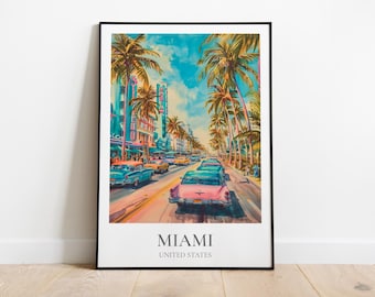 Miami travel poster, Miami print, Miami illustration, Florida wall decor, Miami travel gift, USA travel retro poster