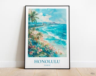May include: A vintage travel poster featuring a watercolor painting of a beach scene in Honolulu, Hawaii. The poster features a blue ocean with waves crashing on the shore, palm trees, and a cityscape in the distance. The text "HONOLULU HAWAII" is printed at the bottom of the poster.