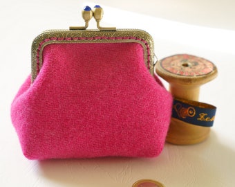 Bronze metal frame coin purse/blue rhinestones/pink Harris tweed/ Liberty tana lawn