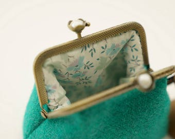 Bronze metal frame coin purse/white pearls / Seagreen Harris tweed/ Liberty tana lawn