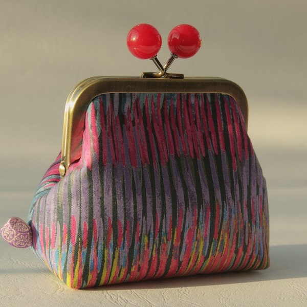 Bronze metal frame coin purse/ jewelry purse/ red color bobbles/multicolor brush strokes/ Intersections/