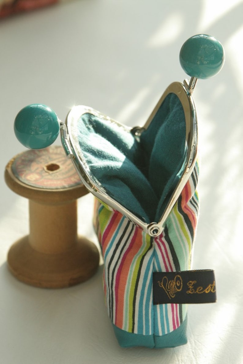 Turquoise bobble silver metal frame coin purse multicolor stripes leather base