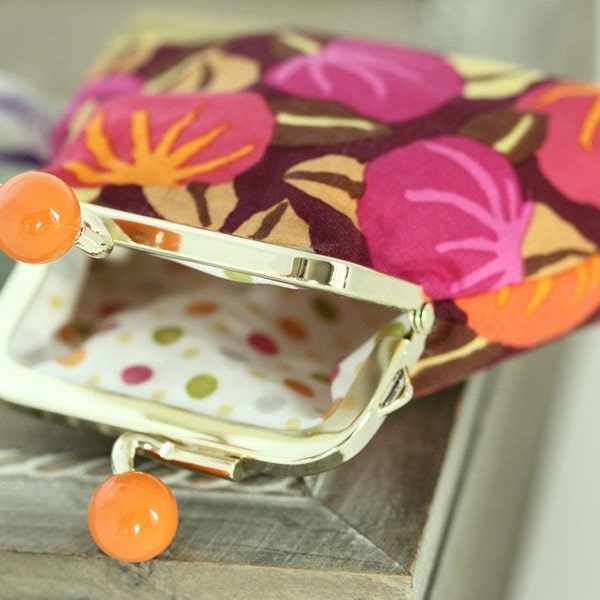 Golden metal frame coin purse/ Orange or yellow bead/ Kaffe Fassett/ orange and  pink pumpkins .