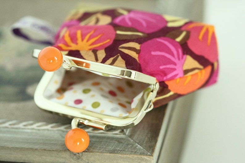 Golden metal frame coin purse/ Orange or yellow bead/ Kaffe Fassett/ orange and pink pumpkins . image 1