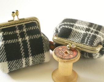 Bronze metal frame coin purse/black or clear rhinestones/ Check black and white Harris tweed/ Liberty tana lawn
