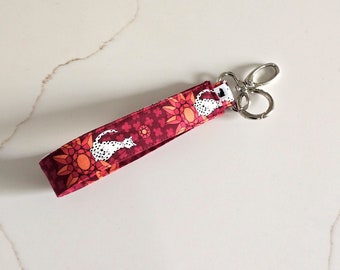 NEW Cat Keychain wristlet/Cat Keyholder/Cat theme Keyfob/Gift for cat lovers/cat on sunflower in red