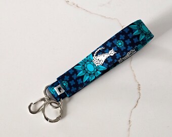 NEW Cat Keychain wristlet/Cat Keyholder/Cat theme Keyfob/Gift for cat lovers/cat on sunflower in blue