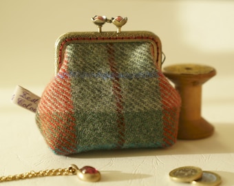 Bronze metal frame coin purse/red pearls/ Check green red Harris tweed/ Liberty tana lawn