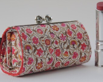 Lipstick Case/ Lipbalm case/ silver metal frame/ Liberty cotton/small flowers/pink red orange