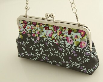 Cotton sateen bridal clutch/ evening purse/ multicolour spring flowers on grey silver frame with chain