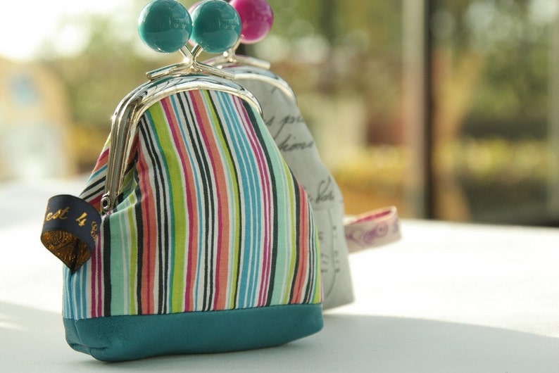 Turquoise bobble silver metal frame coin purse multicolor stripes leather base