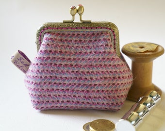 Bronze metal frame coin purse/jewelry purse/pink rhinestones/pink purple blue/Confetti/Harris tweed/ Liberty tana lawn