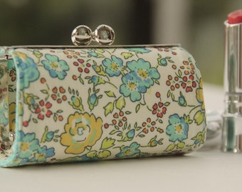 Lipstick Case/ Lipbalm case/ silver metal frame/ Liberty cotton/turquoise, yellow and pink small flowers.