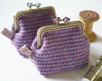 Bronze metal frame coin purse/jewelry purse/blue or purple pearls/purple burgundy red /Confetti/Harris tweed/ Liberty tana lawn
