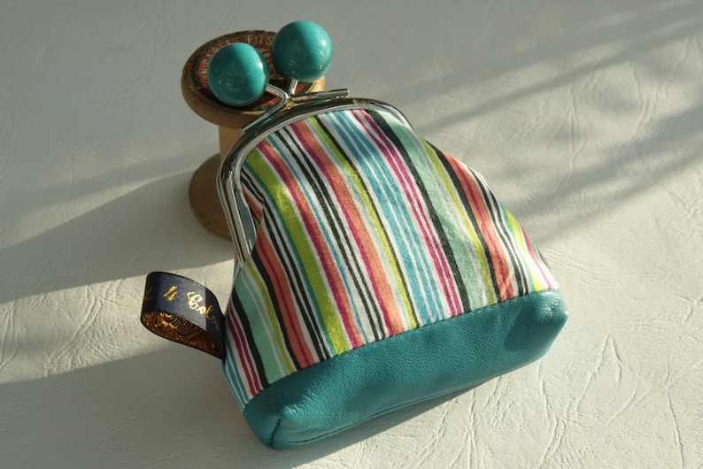 Turquoise bobble silver metal frame coin purse multicolor stripes leather base