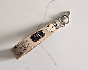 NEW Cat Keychain wristlet/Cat Keyholder/Cat theme Keyfob/Gift for cat lovers/black cat on beige