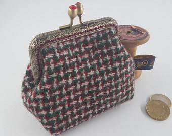 Bronze metal frame coin purse/red rhinestones /red, green and white small check Harris tweed/ Liberty tana lawn