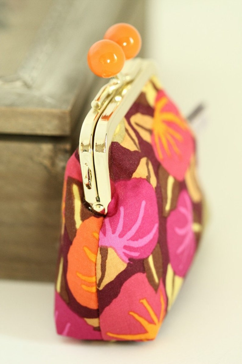 Golden metal frame coin purse/ Orange or yellow bead/ Kaffe Fassett/ orange and pink pumpkins . image 5