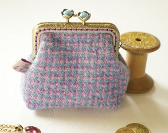 Bronze metal frame coin purse/blue pearls/Pink, purple and blue small check Harris tweed/ Liberty tana lawn