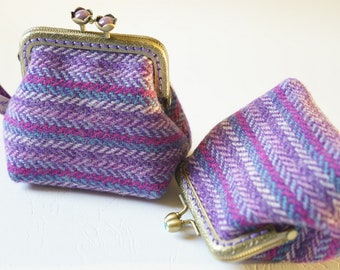 Bronze metal frame coin purse/pink rhinestones/Pink , blue and purple  Harris tweed/ Liberty tana lawn