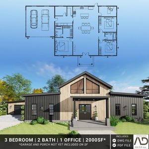3 Bedroom Barndominium Plan with Garage, Modern Plans, Barndo Plan, Digital Download, 2000 SF, Personal Home Design, Digital Floor Plans
