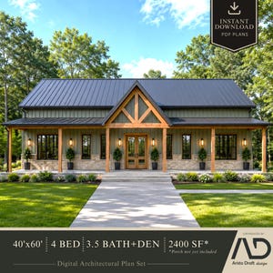 May include: A digital architectural plan set for a single-story house with a dark metal roof, olive green vertical siding, and a stone base. The front features a wooden porch, double entry doors, and symmetrical windows. Text reads 40'x60' 4 BED 3.5 BATH+DEN 2400 SF.