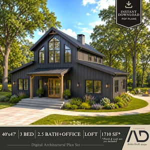 May include: A two-storey house with dark vertical cladding, a gabled roof, and a wooden front porch. The house features large windows, a stone chimney, and a concrete walkway. Text reads: 40'x47', 3 BED, 2.5 BATH+OFFICE, LOFT, 1710 SF, INSTANT DOWNLOAD PDF PLANS.