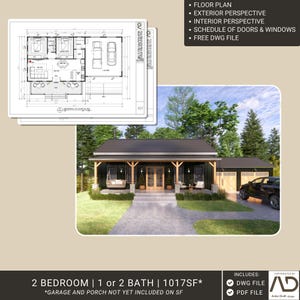 May include: Architectural rendering of a two-bedroom house with a black exterior, a porch swing, and a garage. The image includes a floor plan and other architectural details. The text reads "2 BEDROOM | 1 or 2 BATH | 94.5 m²" and "FREE DWG FILE".