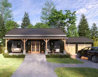 Modern 2-Bedroom Barndominium Cottage Floor Plan with Garage (Digital Download + AutoCAD Files)
