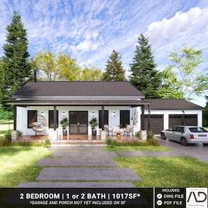Barndominium Floor Plan: Modern Farmhouse, 2 Bedroom, Garage Option (PDF & AutoCAD Files)