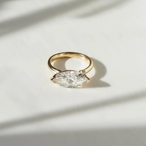 3.00 CT East West Marquise Cut Lab Grown Diamond Engagement Ring, 14k Yellow Gold Dainty Solitaire Ring, Anniversary Gift for Her
