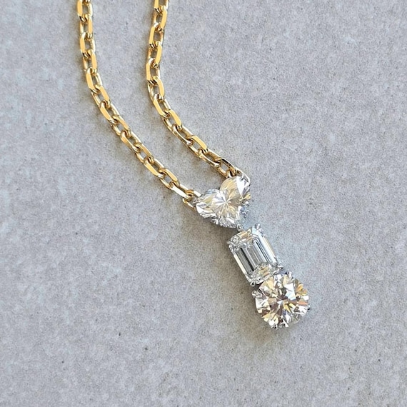 3-Shaped Lab Grown Diamond Pendant- Heart, Emerald & Round, 4.50 Carat Total Weight -Available in 925 Silver, Gold ,Platinum IGI Certified