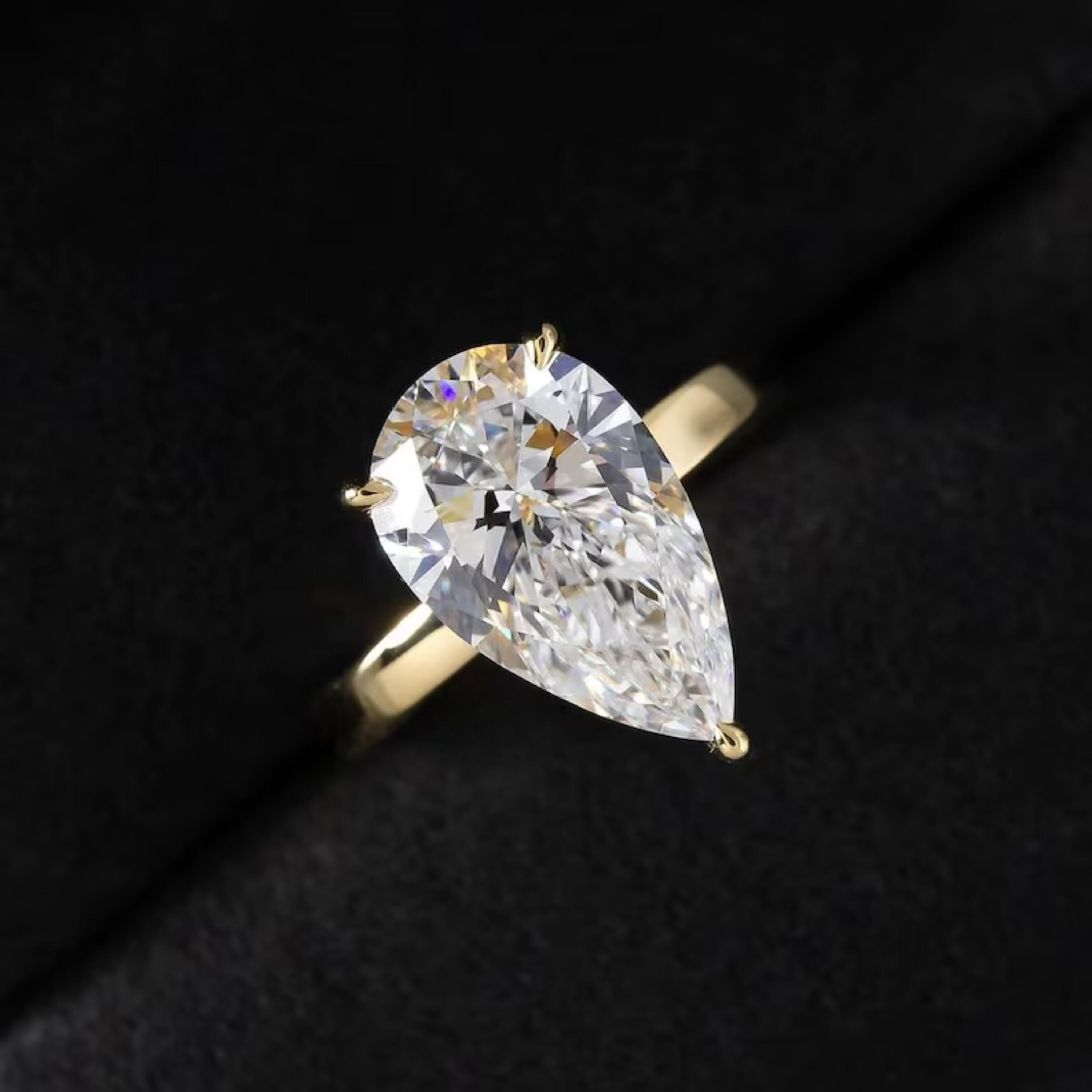 3 Carat Pear Lab Diamond Engagement Ring | 14K Yellow Gold Hidden Halo ...