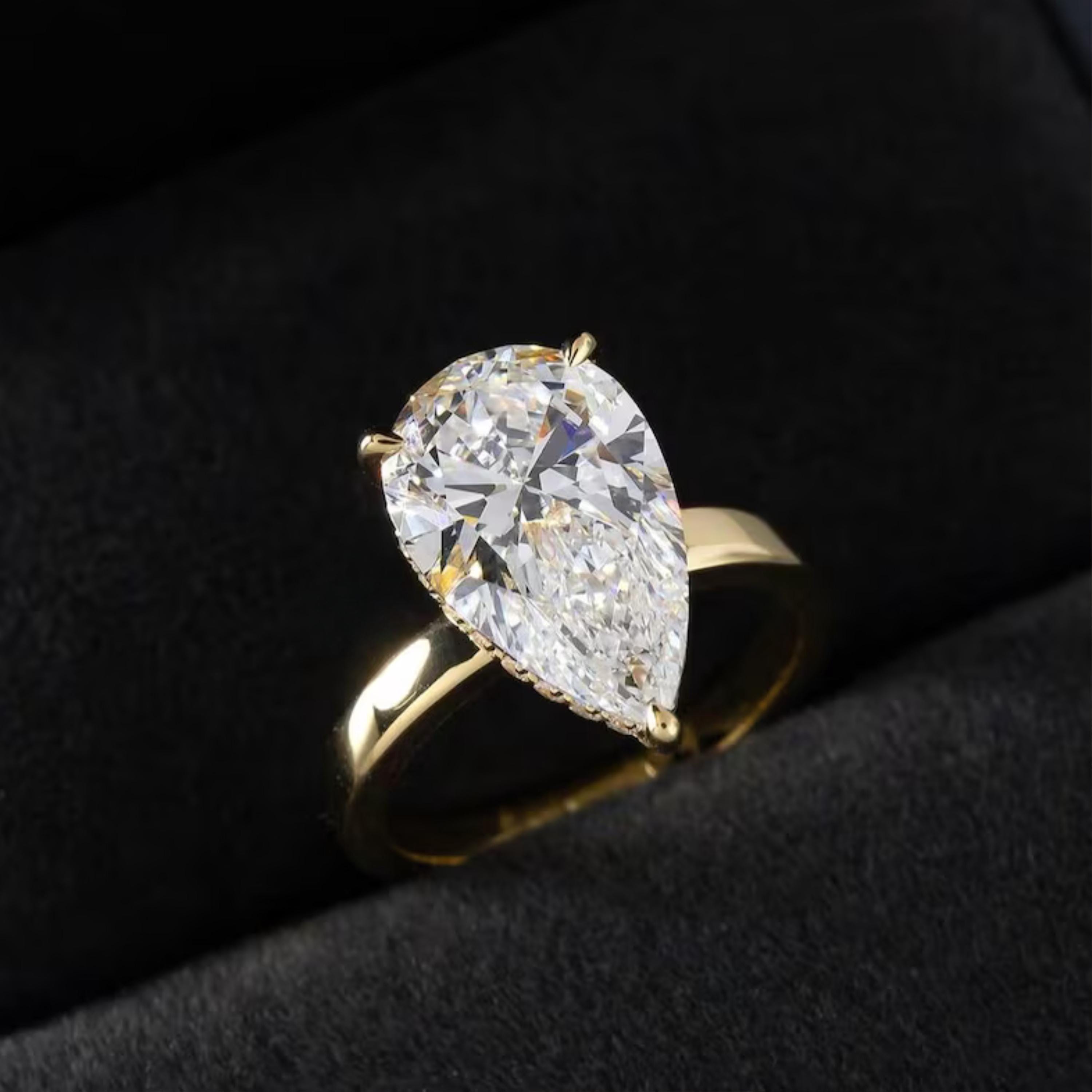 3 Carat Pear Lab Diamond Engagement Ring | 14K Yellow Gold Hidden Halo ...