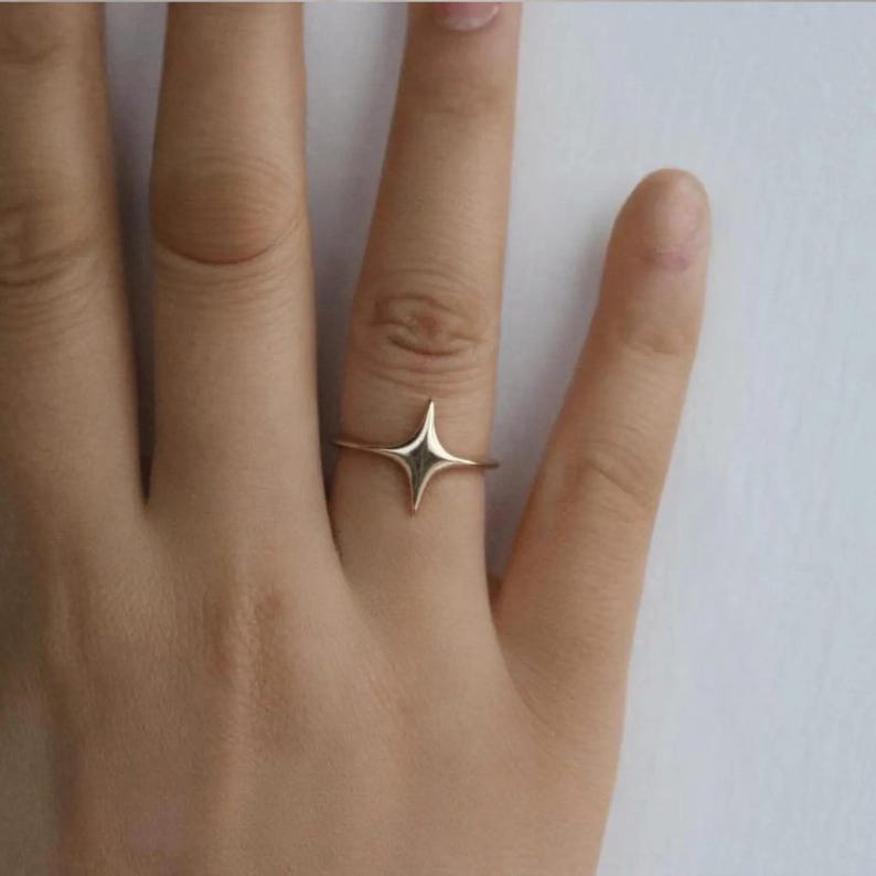 14k Gold Band Star Ring Bold Four Point Star Jewelry Adjustable Big 14k-gold-band-star-ring-bold-four-point-star-jewelry-adjustable-big