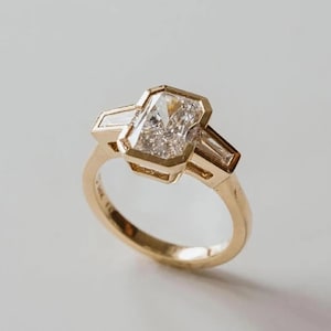 Three Stone Ring, 3.0 ct Radiant Cut Moissanite Bezel Set Engagement Ring, 14K Solid Yellow Gold Wedding Ring, Anniversary Ring,Gift For Her