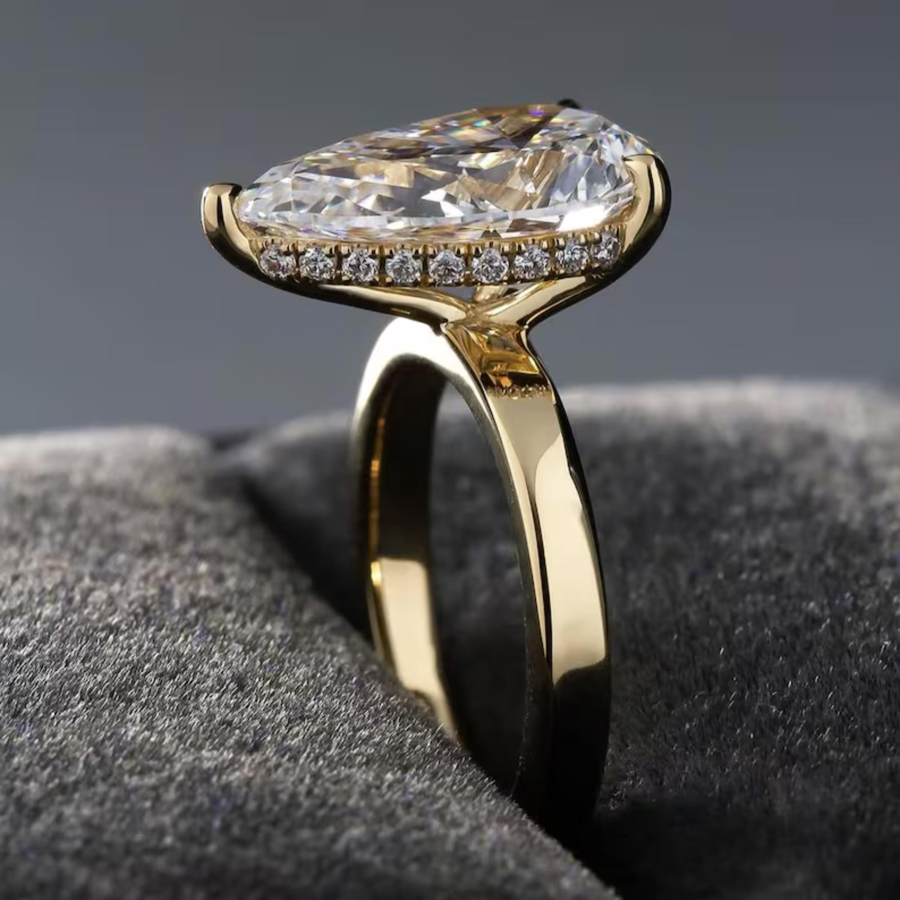 3 Carat Pear Lab Diamond Engagement Ring | 14K Yellow Gold Hidden Halo ...