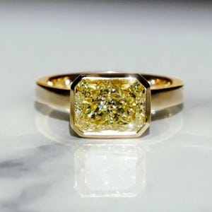 Bezel Set 3.00 Ct Canary Yellow Radiant Cut,Lab Grown Diamond Engagement Ring,Crushed Ice Radiant Cut Ring, Elongated Radiant,Bezel Set Ring