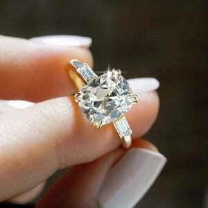 Old Mine 3.50 Ct Cushion Cut Moissanite Engagement Ring, Old Mine Cushion Cut Ring, Elongated Cushion, Three Stone Ring for Her