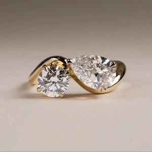 Toi Et Moi Ring, 2.25 TCW Round and Pear Cut Moissanite Ring, Yellow Gold Engagement Ring, Two Stone Ring, Bridal Ring, Anniversary Ring.