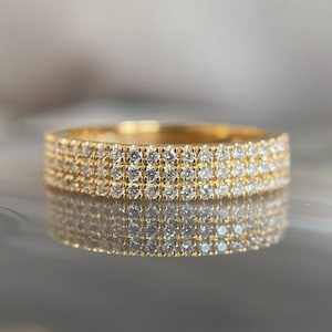 Unique Round Cut Wedding Band with Three-Sided Pave Stones-Available in Yellow,White, and Rose Gold,Half Eternity Band_Micro French Pave Set