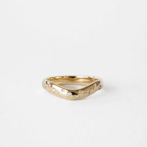 Diamond Deep Curve Wedding Band - Thick Pave U-Shaped Stacking Band, Chevron Ring with Round Moissanite, Cigar Contour Design