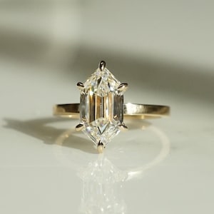 Elongated Hexagon Diamond Engagement Ring, IGI Certified 1 to 2 ct Lab Grown Diamond, Distance Pave, Yellow/White/Rose Gold, Gifts for Women