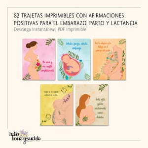May include: A collection of printable cards with affirmations for pregnancy, childbirth, and lactation. The cards feature illustrations of pregnant women and babies, with text in Spanish. The cards are available for instant download as a PDF.