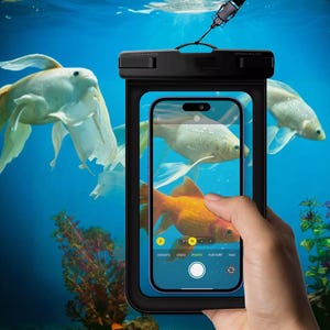 May include: A black waterproof phone case with a clear front panel. A smartphone is inside the case, displaying a photo of goldfish swimming in an aquarium. The phone's camera app is open, showing the options "Cinematic", "Video", "Photo", "Portrait", and "Pano".