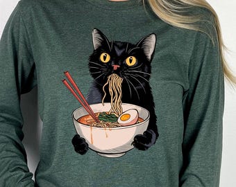 Noodle Cat Sweatshirt, Ramen Cat T-Shirt, Foodie Lover Shirts, Black Cat Noodle T-Shirts, Retro Cat Tees, Cat Lover Shirts, Black Cat Tshirt