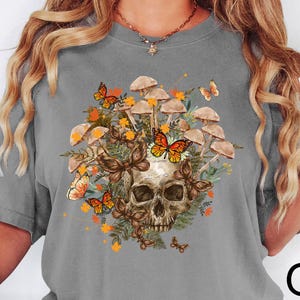 Comfort Colors® Bloom Skull Shirt, Mushroom Shirt, Halloween Shirt, Mushroom And Skull, Floral Skull Shirt, Womens Fall Shirt,Skeleton Shirt