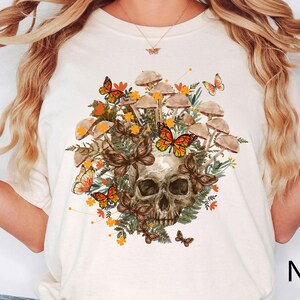 Bloom Skull Shirt, Mushroom Shirt, Halloween Shirt, Mushroom And Skull, Floral Skull Shirt, Womens Fall Shirts, Flower Skull Skeleton Shirt