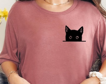 Black Cat Shirt, Cat Shirt, Cute Kitty Tee, Kitten T-shirt, Gift for Cats Lover, Cat Mom Shirts, Cat Shirt Women, Cat Shirt,Cat Pocket Shirt