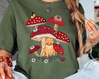 Cat and Mushroom Shirts, Goblincore Shirt, Cat Mushroom Shirt, Cat Lover Gift, Mushroom Tee, Cottagecore Shirt, Cat Owner Gift, Mushroom Tee